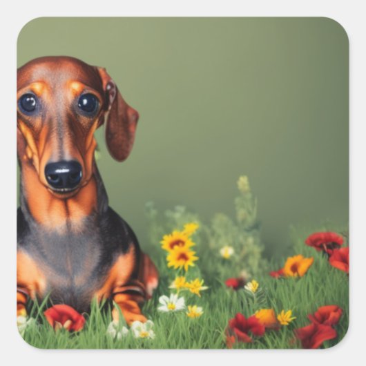 Dachshund in het veld bloemen, vierkante sticker (Voorkant)