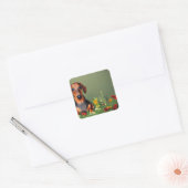 Dachshund in het veld bloemen, vierkante sticker (Envelop)