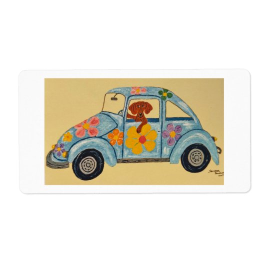 Dachshund in hippie-auto etiket (Voorkant)