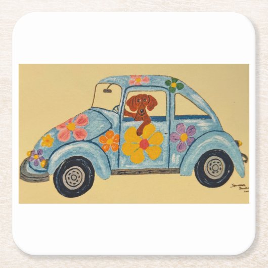 Dachshund in hippie-auto kartonnen onderzetters (Voorkant)