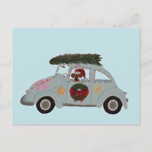Dachshund in Hippie-auto met Kerst Briefkaart (Voorkant)