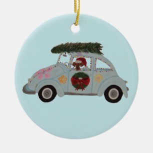 Dachshund in Hippie-auto met Kerst Keramisch Ornament
