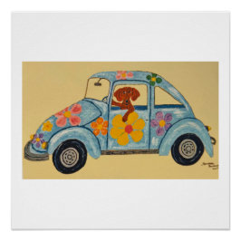 Dachshund in hippie-auto perfect poster