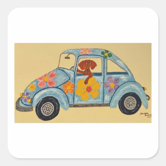 Dachshund in Hippie car  Vierkante Sticker (Voorkant)