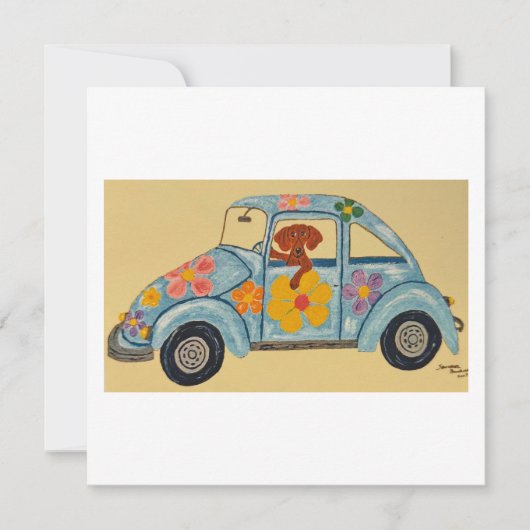 Dachshund in hippieauto bedankkaart (Voorkant)