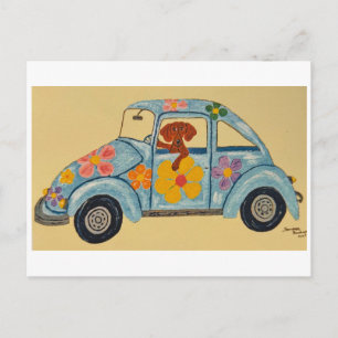 Dachshund in hippieauto briefkaart