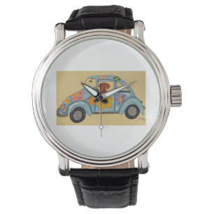 Dachshund in hippieauto horloge
