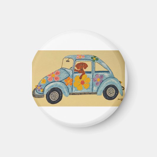 Dachshund in hippieauto magneet (Voorkant)