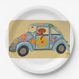 Dachshund in hippieauto papieren bordje