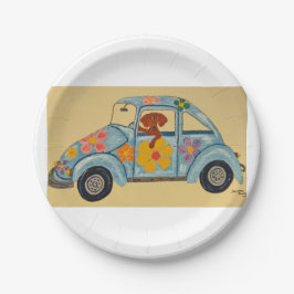 Dachshund in hippieauto papieren bordje
