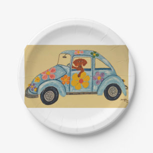 Dachshund in hippieauto papieren bordje