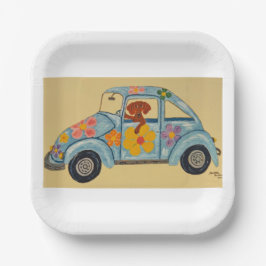 Dachshund in hippieauto papieren bordje