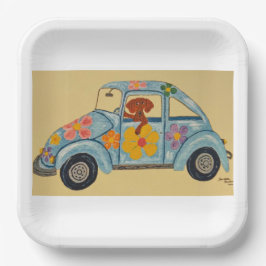 Dachshund in hippieauto papieren bordje
