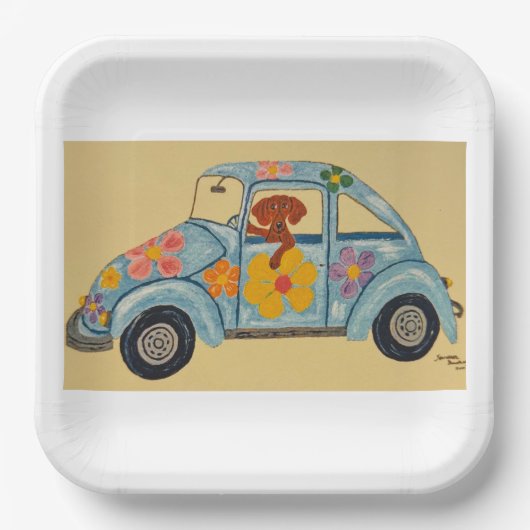 Dachshund in hippieauto papieren bordje (Voorkant)