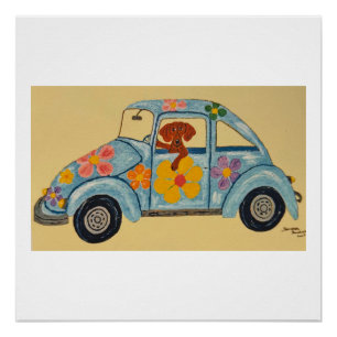 Dachshund in hippieauto perfect poster