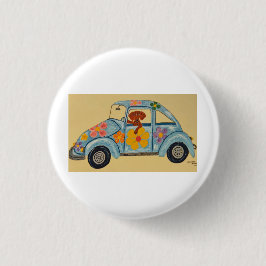 Dachshund in hippieauto ronde button 3,2 cm