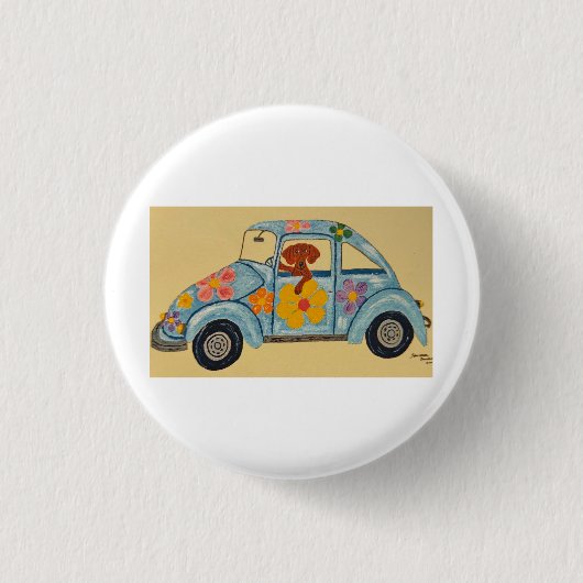 Dachshund in hippieauto ronde button 3,2 cm (Voorkant)