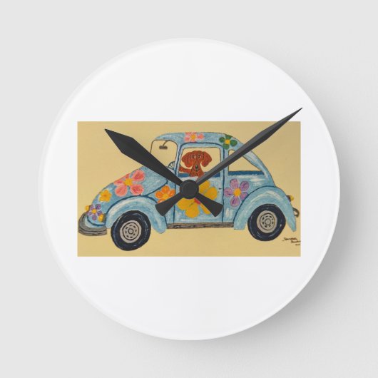 Dachshund in hippieauto ronde klok (Voorkant)