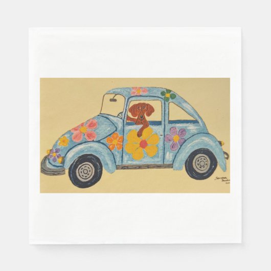 Dachshund in hippieauto servet (Voorkant)