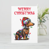 "DACHSHUND IN KERSTLICHTJES" KAART (Staand voorkant)