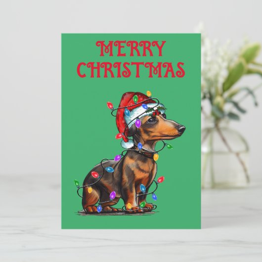 "DACHSHUND IN KERSTVERLICHTING" KAART (Staand voorkant)