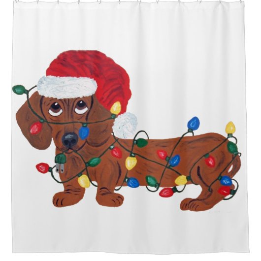 Dachshund in Kerstverlichting Verward Douchegordijn (Voorkant)