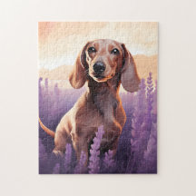 Dachshund in Lavendelveld