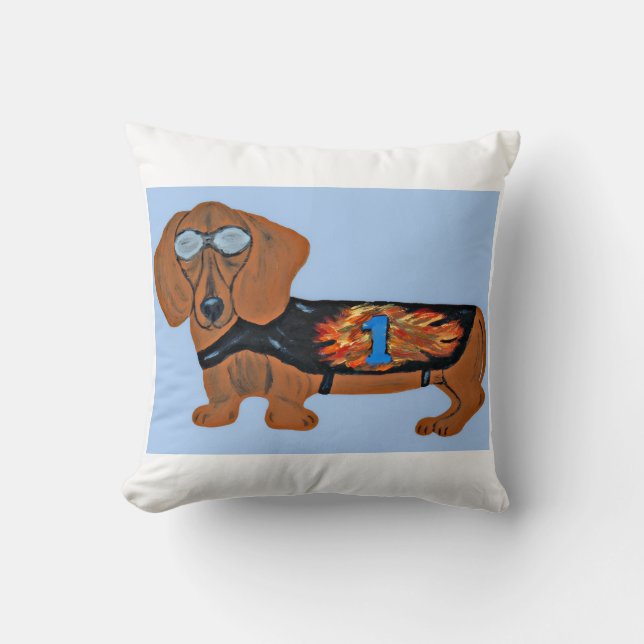 Dachshund in Racing Jacket Throw Pillow Kussen (Voorkant)
