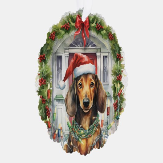 Dachshund in Santa Hat Voordeur Kerstmis Ornament Kaart (Rechts)
