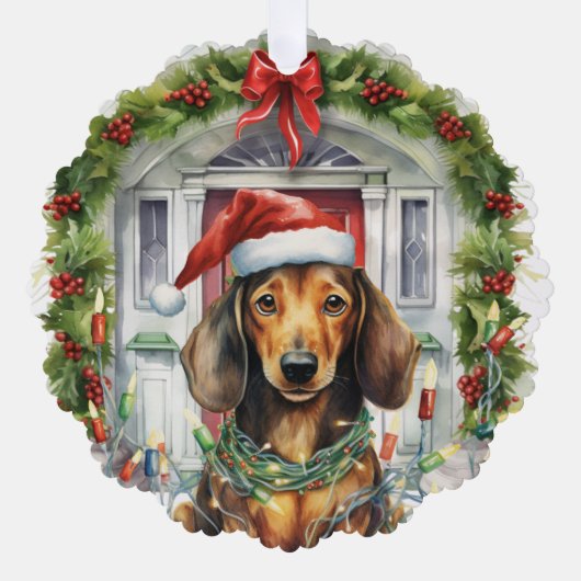 Dachshund in Santa Hat Voordeur Kerstmis Ornament Kaart (Voorkant)