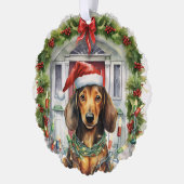 Dachshund in Santa Hat Voordeur Kerstmis Ornament Kaart (Links)