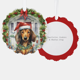 Dachshund in Santa Hat Voordeur Kerstmis Ornament Kaart