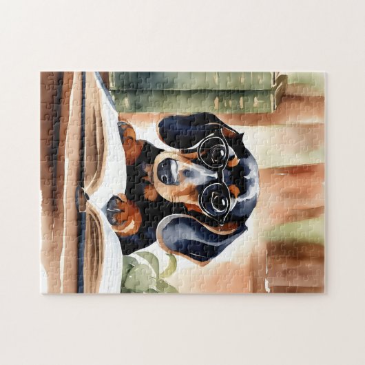 Dachshund in Waterverf Kunst Legpuzzel (Horizontaal)