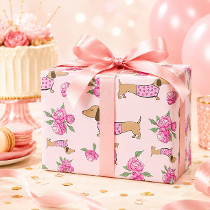 Dachshund Inpakpapier Roze Bloemen Cadeaupapier
