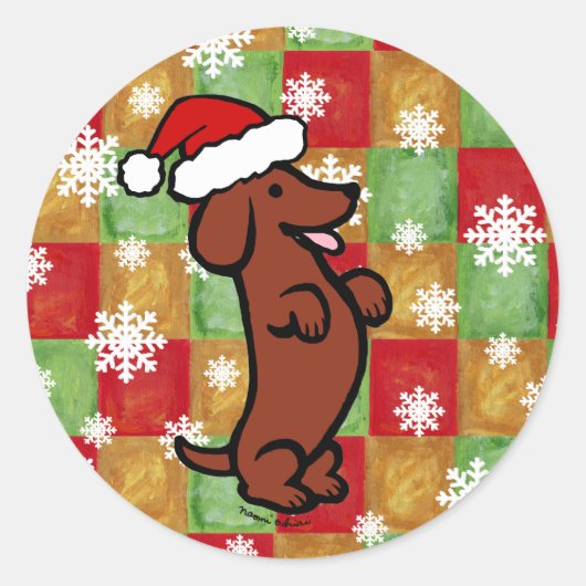 Dachshund Kerst Cartoon Sneeuwvlokken Ronde Sticker (Voorkant)