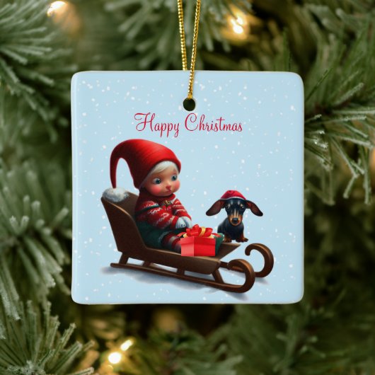 Dachshund Kerst Elf Keramisch Ornament (Boom)