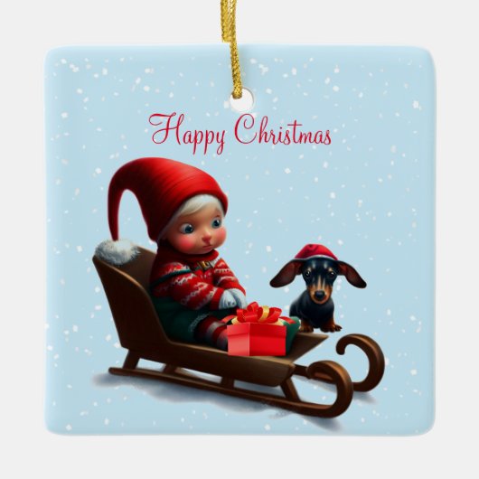 Dachshund Kerst Elf Keramisch Ornament (Voorkant)