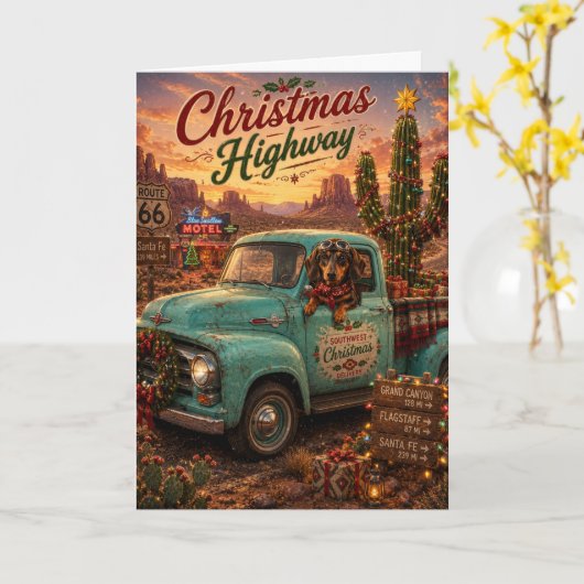 Dachshund Kerst Roadtrip Kerst Snelweg Kaart (Gele Bloem)