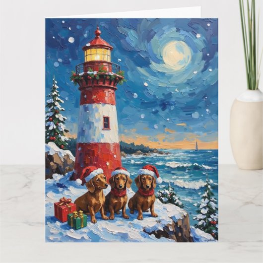 Dachshund Kerst Vuurtoren Vakantie Kaart (Voorkant)