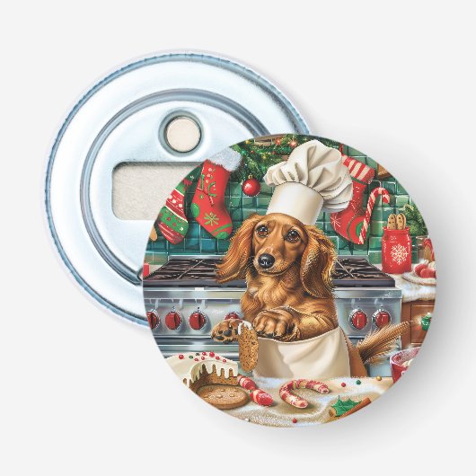 Dachshund Kerstbakken: Feestelijke Kerstmis Button Flesopener (Voorkant)