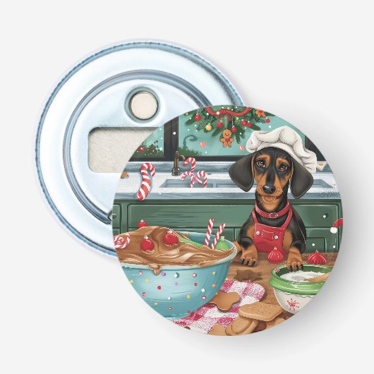 Dachshund Kerstbakken: Festive Kerst  Button Flesopener (Voorkant)