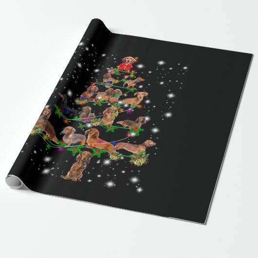 Dachshund-kerstboom met vlieglicht cadeaupapier (Uitgerold)