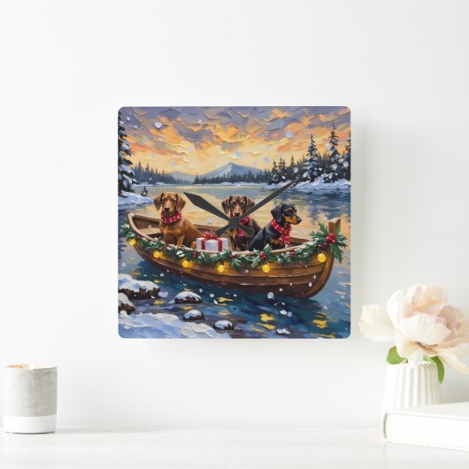 Dachshund Kerstboot Vakantie Vierkante Klok (Huis)