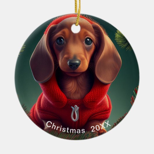 Dachshund kerstdatum of voeg Pet Photo Keramisch Ornament (Voorkant)