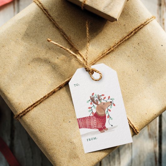 Dachshund kersthond Cozy Sweater met licht Cadeaulabel