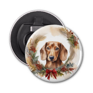 Dachshund Kerstkrans Feestelijke Pup Button Flesopener