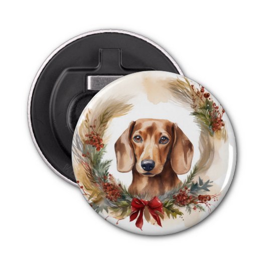 Dachshund Kerstkrans Feestelijke Pup Button Flesopener (Voorkant)