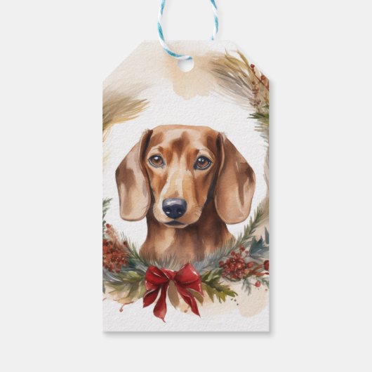 Dachshund Kerstkrans Feestelijke Pup Cadeaulabel (Achterkant)