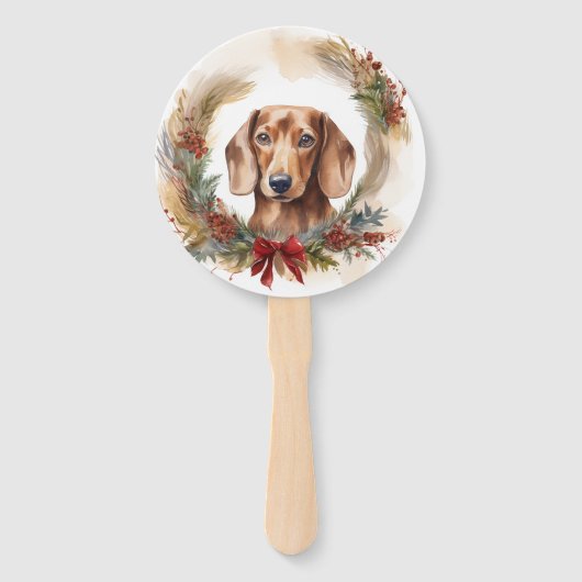 Dachshund Kerstkrans Feestelijke Pup Handwaaier (Voorkant)