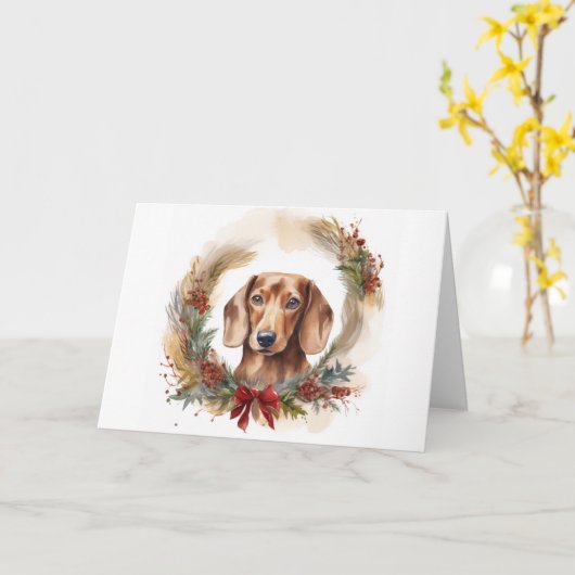 Dachshund Kerstkrans Feestelijke Pup Kaart (Gele Bloem)